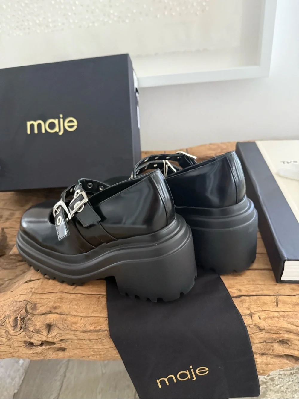 MAJE Women’s Black Platform Mary Jane Shoes with Buckle Straps